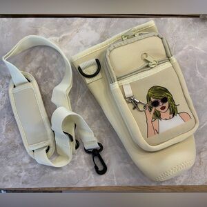 Taylor Swift Cream Neoprene Crossbody Bag with Graphic, includes 3 straw covers